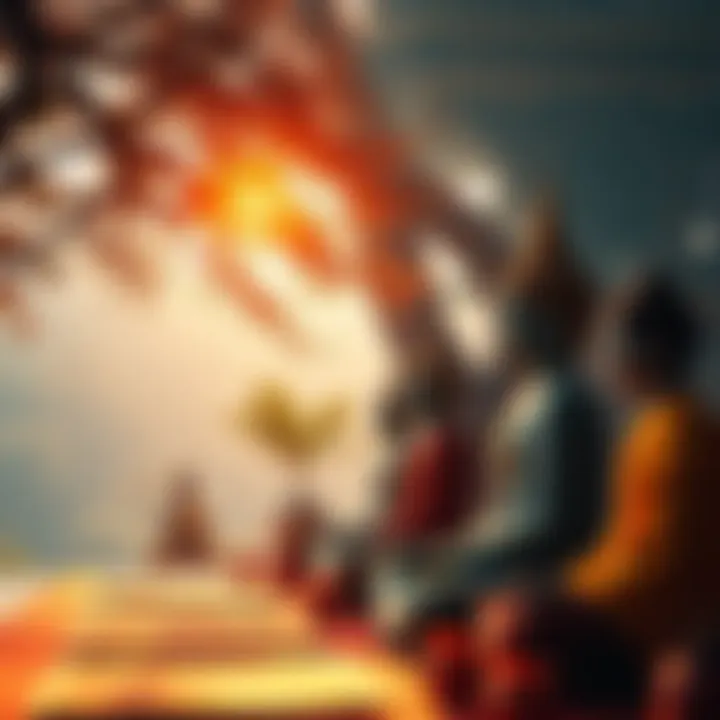 A serene scene showing people meditating in a peaceful setting, surrounded by nature and traditional Buddhist symbols.