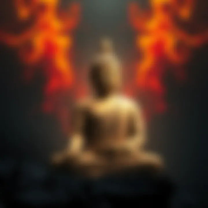 Buddhism and Nihilism Contrast A serene Buddha statue surrounded by dark, abstract symbols representing nihilism, illustrating the contrast between Buddhism's meaning and nihilism's emptiness.