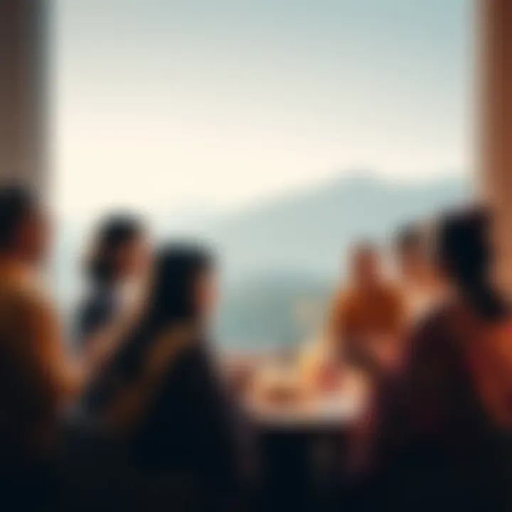 A diverse group of people sharing stories about their Buddhist faith and experiences in a friendly discussion setting