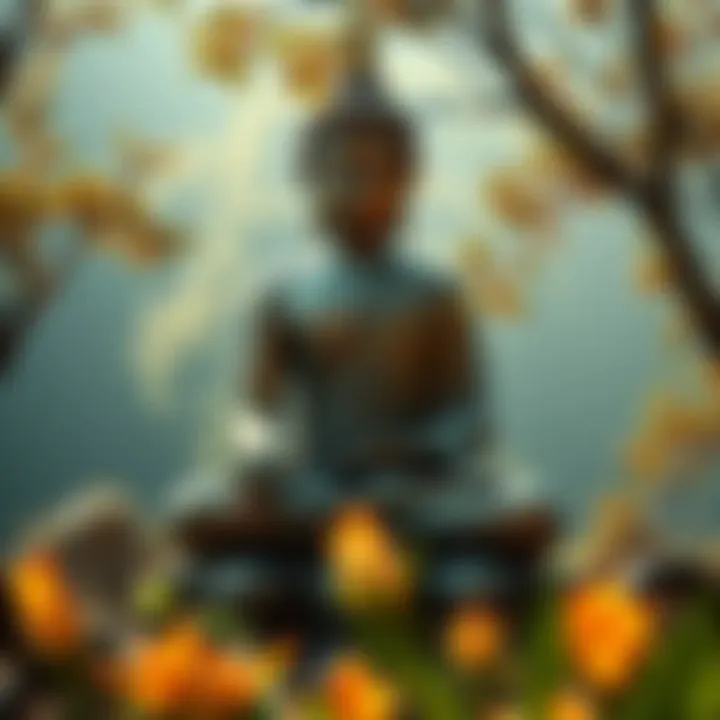 A serene Buddha statue surrounded by nature, symbolizing rebirth and Buddhist beliefs without consciousness.