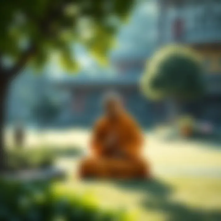 Buddhism and Spiritual Humility A serene monk sitting cross-legged in a peaceful garden, reflecting on humility and compassion in spiritual practice