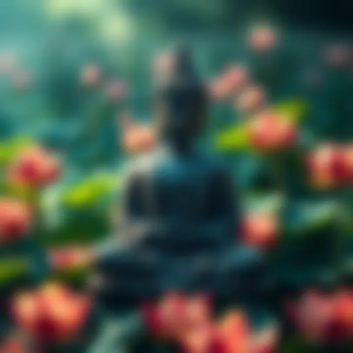 A serene Buddha statue surrounded by lotus flowers, representing peace and enlightenment.