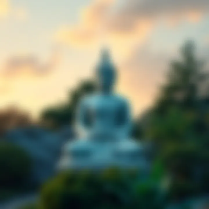 A serene Buddha statue surrounded by nature, symbolizing peace and mindfulness.