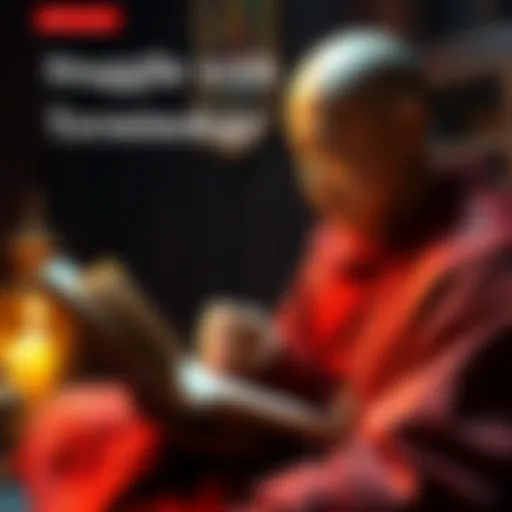 A person reading a Buddhist book with notes and a cup of tea, looking focused on understanding terminology