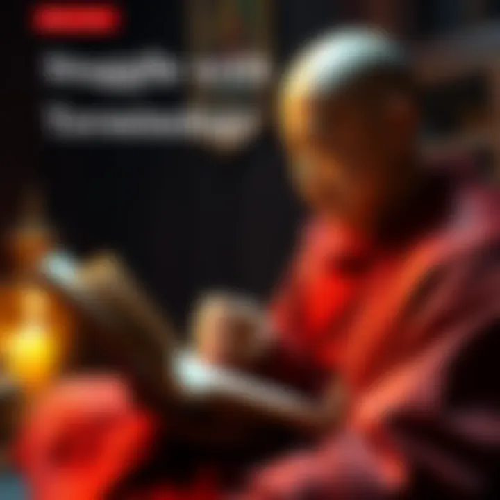 A person reading a Buddhist book with notes and a cup of tea, looking focused on understanding terminology