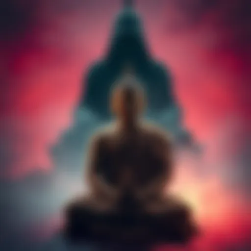 A Buddhist monk sitting calmly in meditation while facing a shadowy figure in the background, symbolizing a threat.