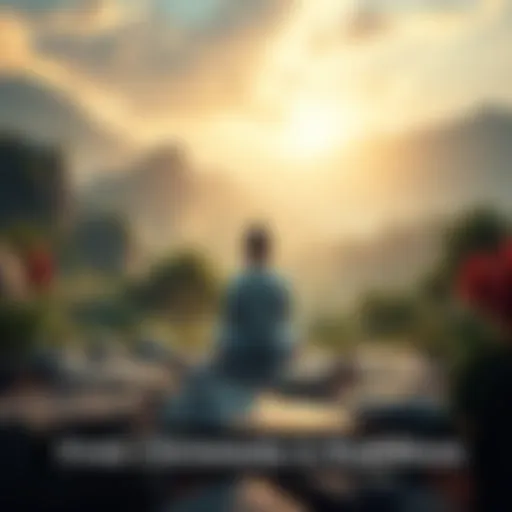 A serene setting with a person meditating peacefully, surrounded by nature, embodying a transition from Christianity to Buddhism.