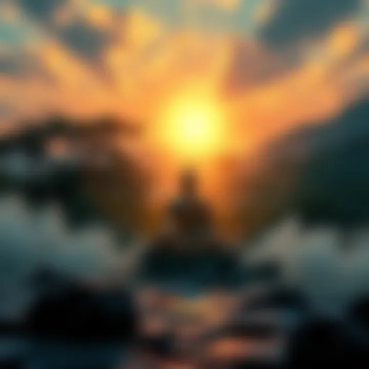 A serene scene depicting a monk in meditation surrounded by nature, symbolizing rebirth and peace in Buddhism.