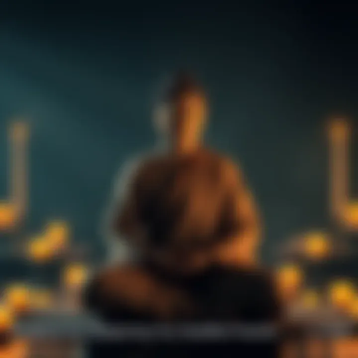 Buddhist meditation scene A serene person meditating with a calm expression, surrounded by candles and a peaceful setting, embodying the essence of deepening Buddhist practice.