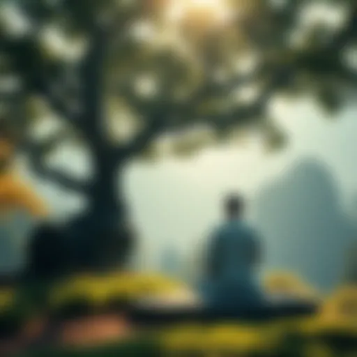 A person meditating under a tree, surrounded by peaceful nature, symbolizing inner peace and mindfulness in Buddhism.