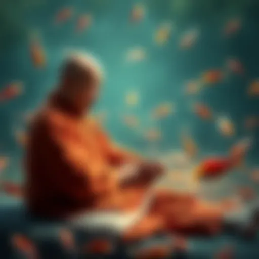 Master Nhat Dinh, a Buddhist monk, sits with his mother, surrounded by fish, reflecting on his choices in life and spirituality.