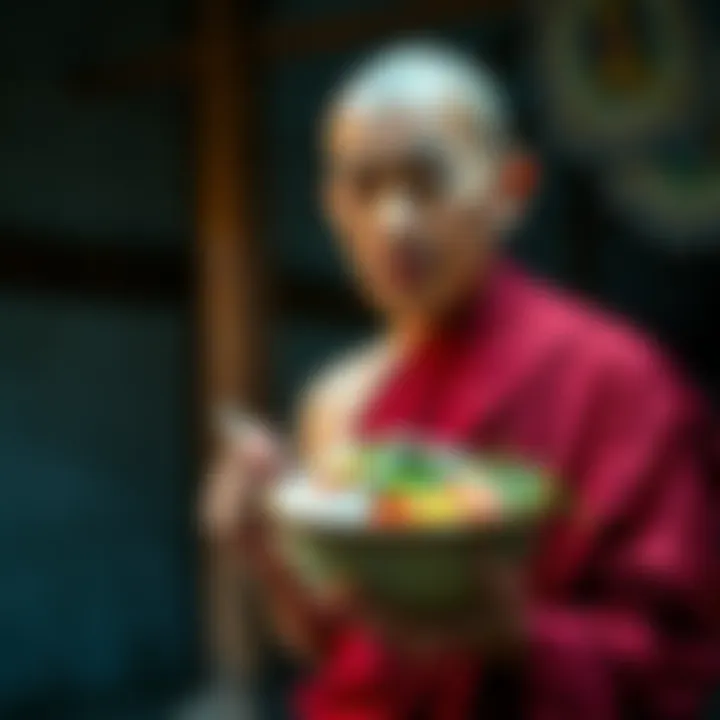 A Buddhist monk holding a bowl of rice and vegetables, symbolizing vegetarian diet and mindful eating in Theravada Buddhism.