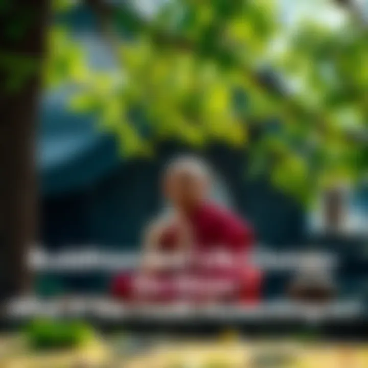 A peaceful scene of a Buddhist monk meditating under a tree, surrounded by greenery, symbolizing self-discovery and spiritual growth
