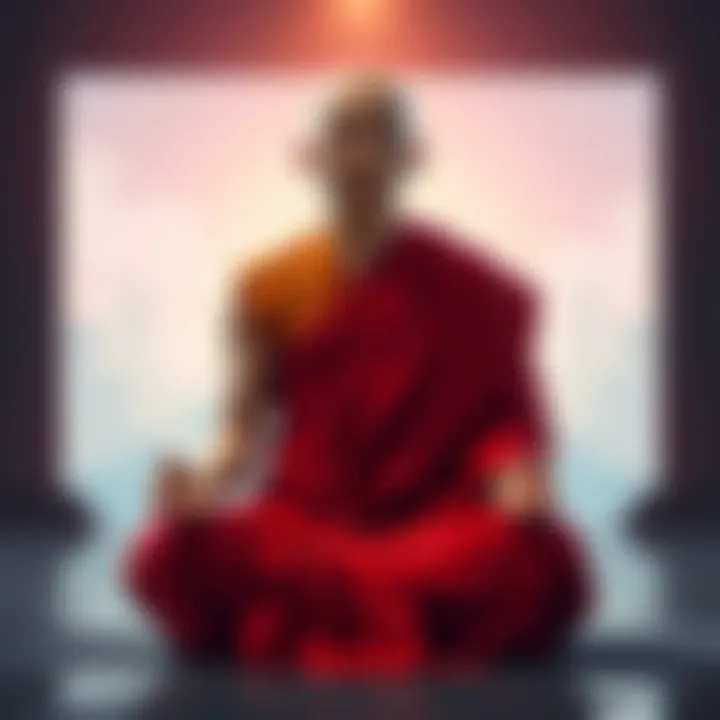 A Buddhist monk sitting cross-legged in a peaceful setting, reflecting on acceptance and self-improvement.