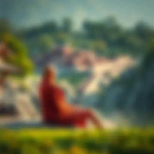 A Buddhist monk sitting in a serene position, surrounded by natural scenery, reflecting on the concept of emptiness and thoughts of trauma.