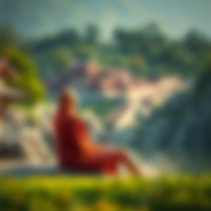 A Buddhist monk sitting in a serene position, surrounded by natural scenery, reflecting on the concept of emptiness and thoughts of trauma.