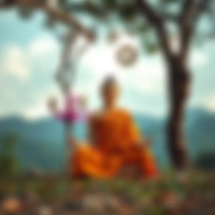 A Buddhist monk sitting cross-legged in meditation, surrounded by nature, representing peace and self-awareness.