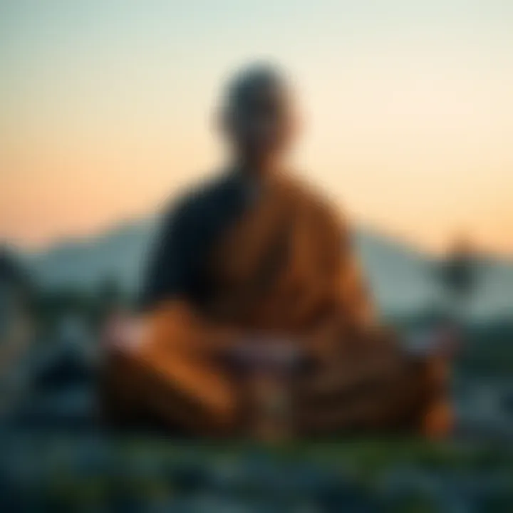 A Buddhist monk sits cross-legged in a serene environment, deep in meditation with a peaceful expression, surrounded by nature.