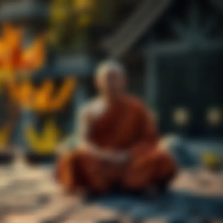 A Buddhist monk sitting peacefully in meditation, surrounded by nature, symbolizing mindfulness and simplicity.