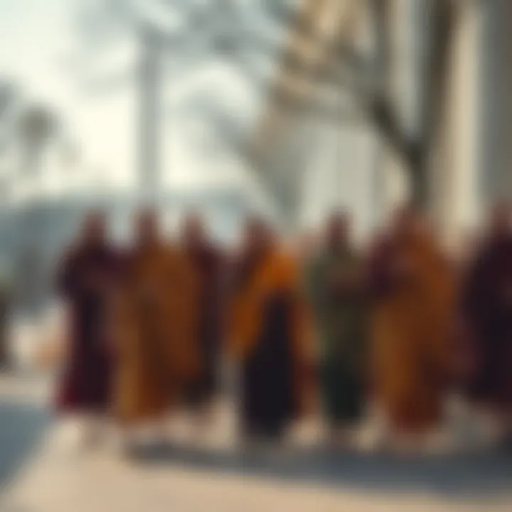 Buddhist monks in traditional robes walking together in Washington, D.C., promoting peace and mindfulness.