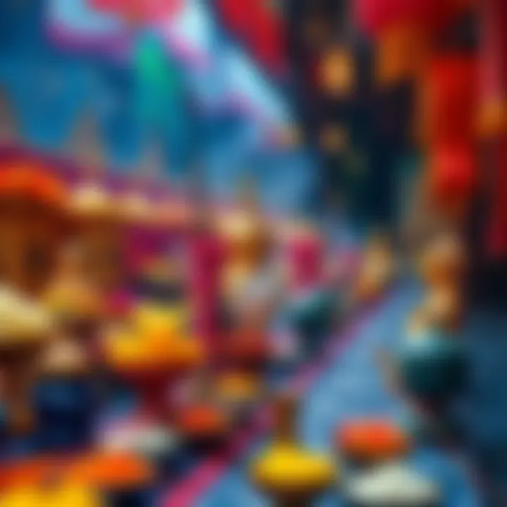 A colorful Buddhist shrine filled with flowers, incense, and other offerings, showcasing cultural practices in Buddhism.