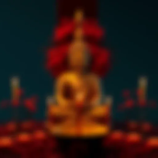 A serene Buddha statue surrounded by flowers and candles, symbolizing the balance between desire and preference in love and compassion.