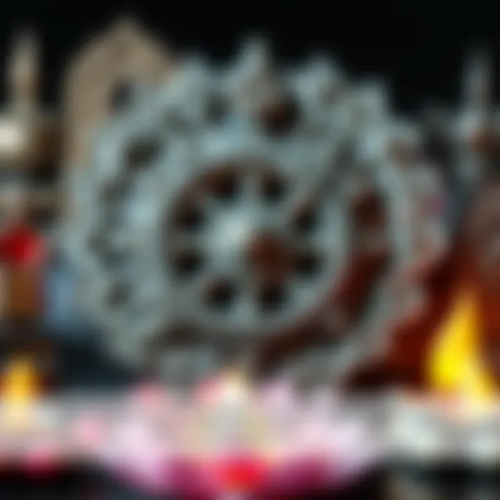 A collection of Buddhist symbols including a lotus flower and Dharma wheel, representing core teachings and principles of Buddhism.