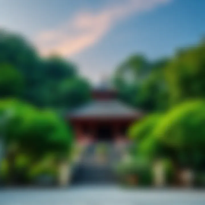 Buddhist temple with peaceful surroundings A serene Buddhist temple surrounded by lush greenery, symbolizing tranquility and accessibility