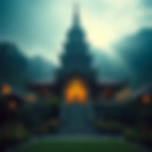 A peaceful Buddhist temple surrounded by lush greenery and soft light, symbolizing tranquility and personal choice in spirituality.