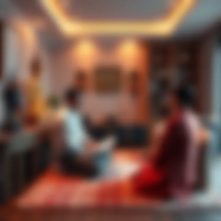 A serene therapist's office with Buddha statues and calming decorations, showcasing a therapist engaging with a client in a peaceful environment.