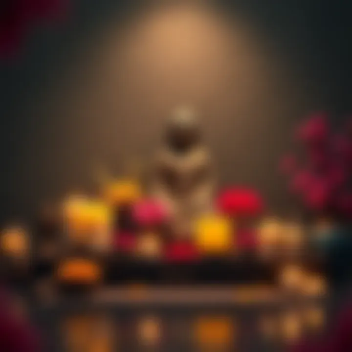 A serene Buddhist altar with candles, flowers, and a statue of Buddha, representing peace and spirituality.