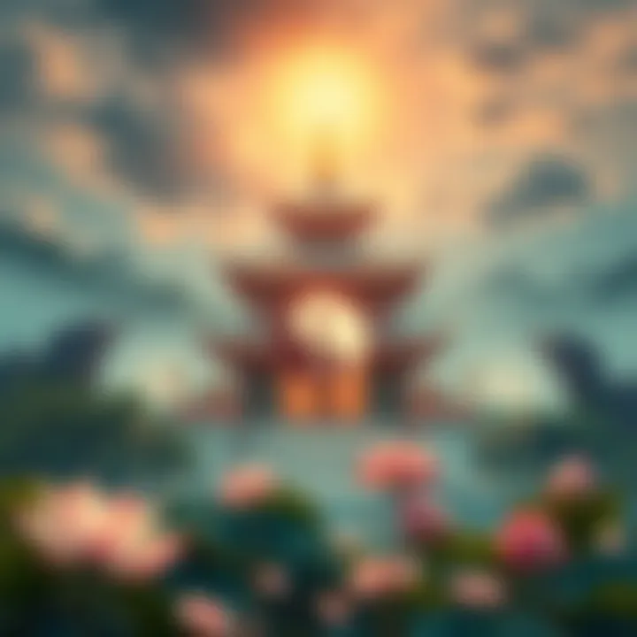 Buddhist and Taoist Symbols A visual representation featuring Buddhist and Taoist symbols, showcasing a peaceful landscape with a temple, lotus flowers, and yin-yang symbol, symbolizing spirituality and beliefs.