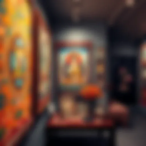 Colorful non-AI Buddhist artwork displayed in a gallery setting, showcasing intricate designs and cultural elements.