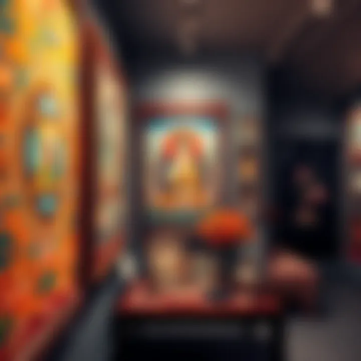 Colorful non-AI Buddhist artwork displayed in a gallery setting, showcasing intricate designs and cultural elements.
