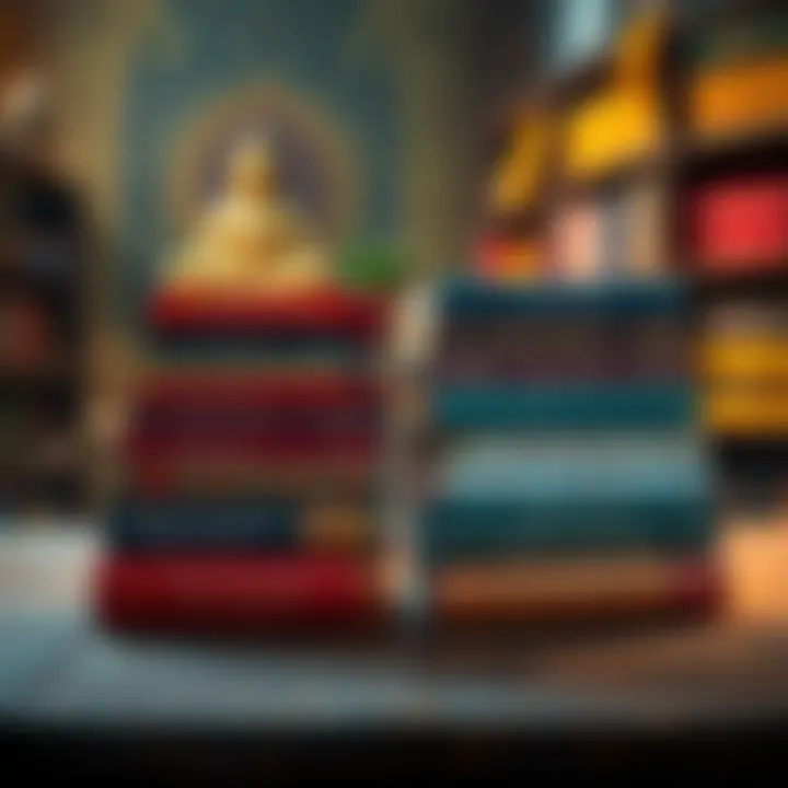 A collection of advanced Buddhist books stacked on a wooden table, showcasing their covers and titles, surrounded by soft lighting for a warm atmosphere.