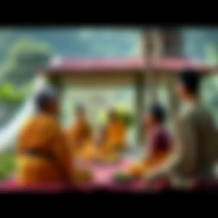 A diverse group of people sitting together in meditation, sharing their experiences in a peaceful outdoor setting.