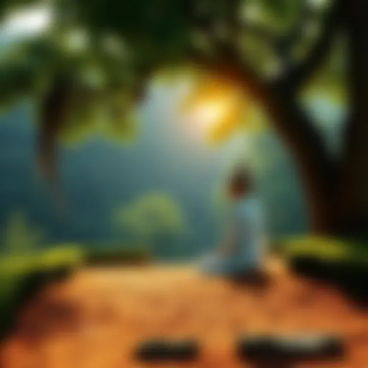 A peaceful scene depicting a person meditating under a tree, representing the essence of Atapi Sampajjano Satima and focused understanding.