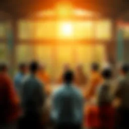 A diverse group of people sitting in a circle during a Buddhist discussion, with a serene atmosphere and a calm setting.