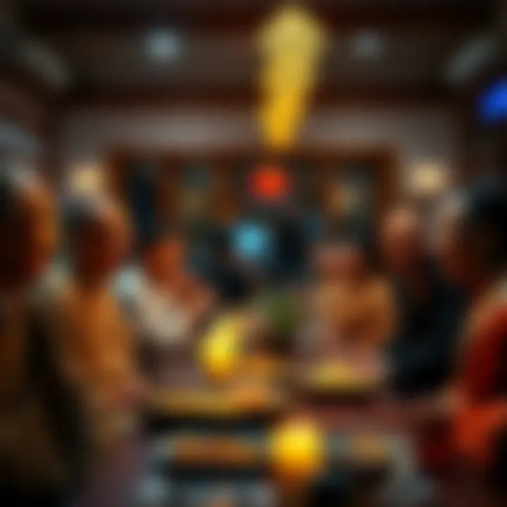 A group of Buddhist people enjoying a Friday night gathering with food, laughter, and conversation at a community center.