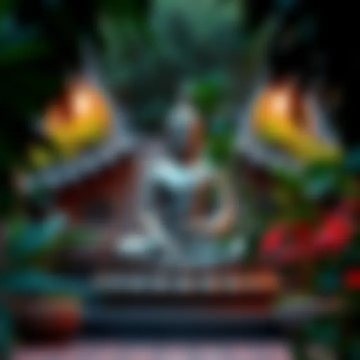 A serene Buddha statue surrounded by lush greenery at a gathering space in northern Mexico, highlighting the exclusivity of the location.