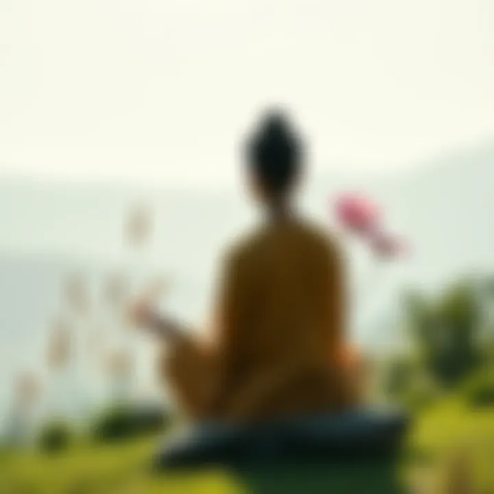 Buddhist concepts for healing A person meditating in a serene setting, surrounded by nature, symbolizing healing and Buddhist philosophy after a breakup.