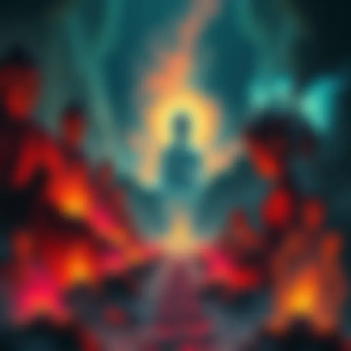 Buddhist depiction of hell A vivid illustration showing various forms of suffering in a Buddhist hell, with souls experiencing different torments and a path leading to potential rebirth.