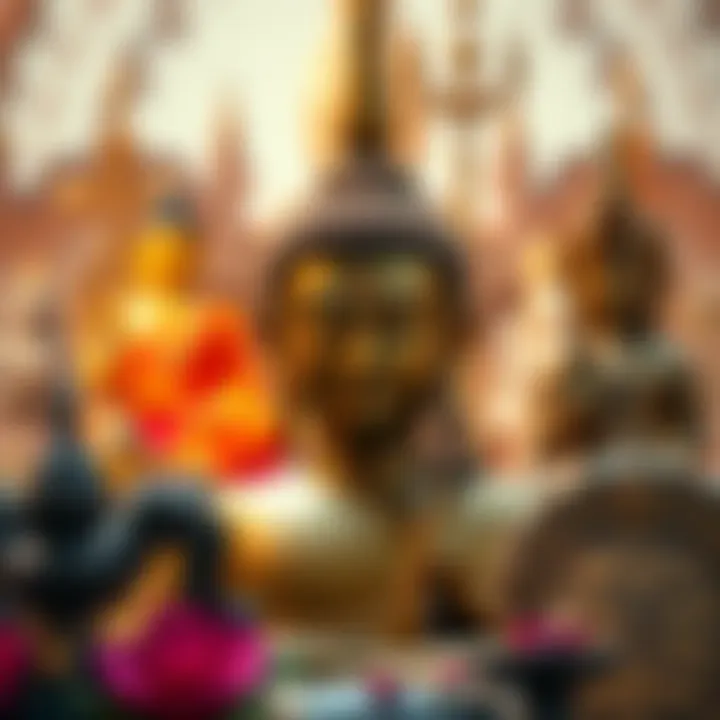 A scene showing the Buddha and Hindu deities, representing the philosophies of Buddhism and Hinduism, with symbols of reincarnation in the background.