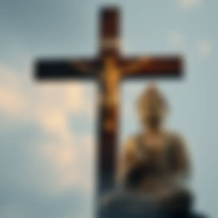 A serene image of a Buddha statue alongside a Christian cross, symbolizing the connection between Buddhism and Jesus, with soft lighting and a peaceful background.