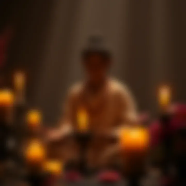 A serene scene of a person meditating with prayer beads while surrounded by candles and flowers, symbolizing the healing power of Buddhist mantras.