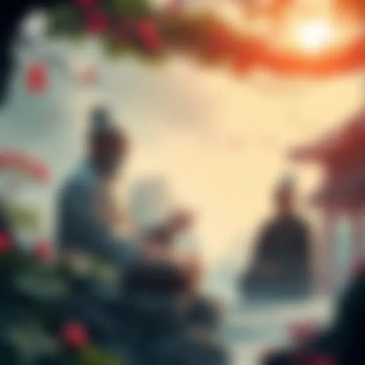 A serene scene showing two Buddhist masters engaged in a thoughtful conversation, surrounded by nature and traditional elements.