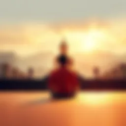 A serene person meditating in a peaceful setting with a Buddha statue in the background