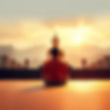 A serene person meditating in a peaceful setting with a Buddha statue in the background