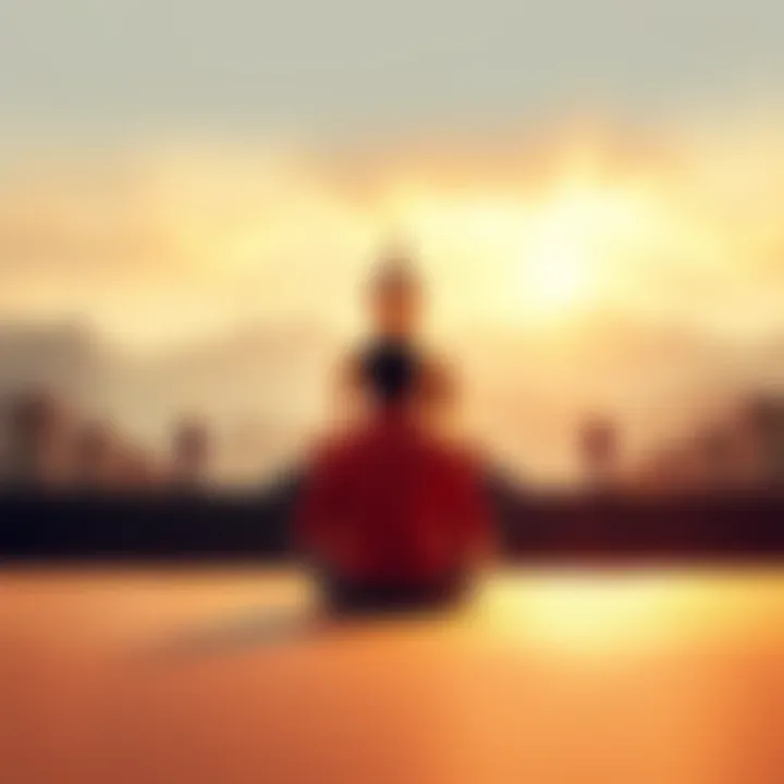 A serene person meditating in a peaceful setting with a Buddha statue in the background