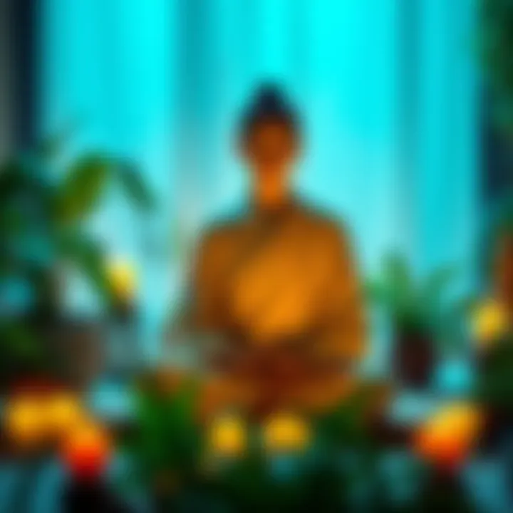 Buddhist Meditation Practice A Western person practicing meditation in a peaceful setting surrounded by plants and candles.